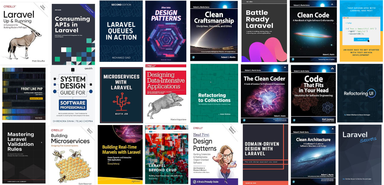 Covers of Laravel and software engineering books, from Laravel: Up & Running to Clean Architecture